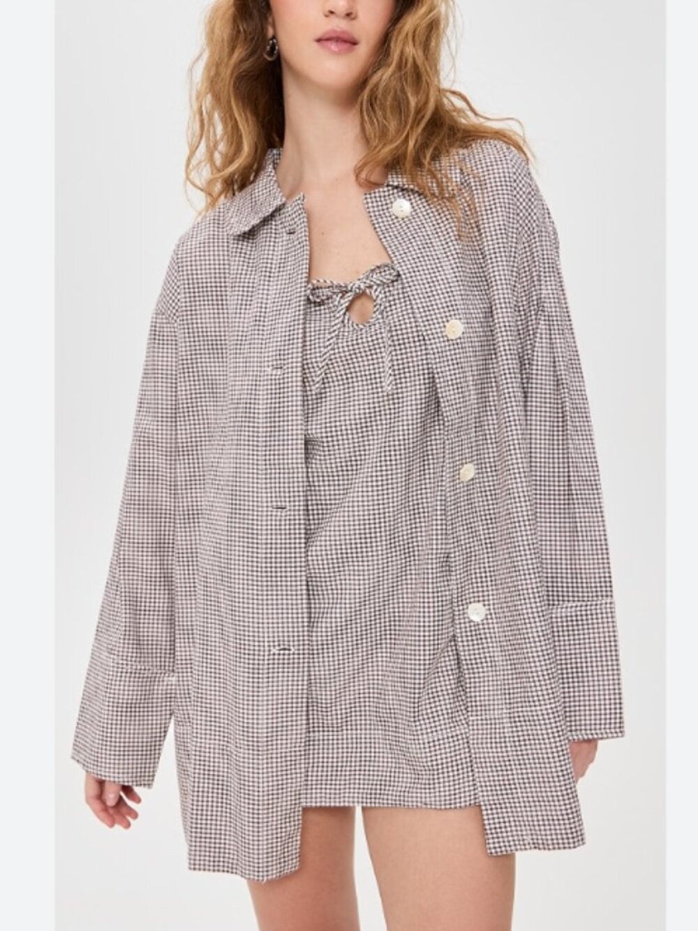 Free People Arlo Button Up Shirt Top Plaid Ivory Combo Poplin Size Medium